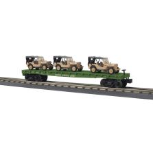MTH 30-76887 Flat Car w/(3) Willy’s Transport Vehicles - U.S. Army (Desert)  Car No. 609032